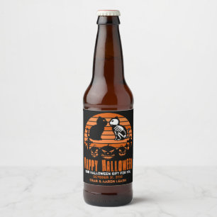 Étiquette Pour Bouteilles De Bière Happy Halloween Skeleton Cat Retro Sunset