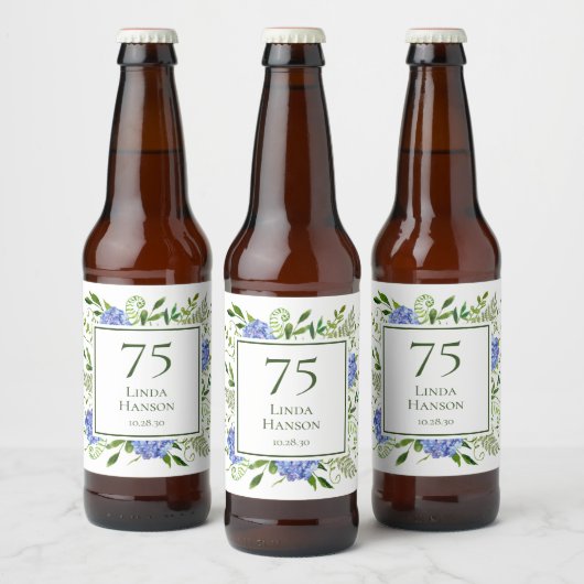 Étiquette Pour Bouteilles De Bière Hydrangeas Bleus pour les 75 ans (Bouteilles)