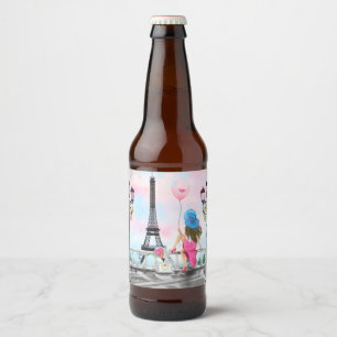 Étiquette Pour Bouteilles De Bière I Love Paris - Jolie Femme et Balloon de Coeur Ros