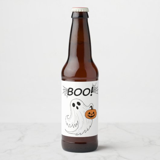 Étiquette Pour Bouteilles De Bière Jack-o’ lanterne et un fantôme blanc Boo Halloween (Devant)