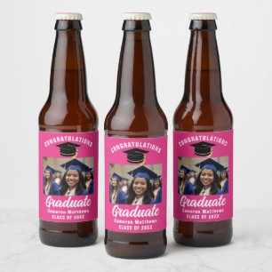 Étiquette Pour Bouteilles De Bière Jote Hot Pink Graduation Party Photo personnalisée
