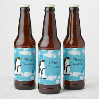Étiquette Pour Bouteilles De Bière joyeux noël, noël,pingouin,fleurs,bleu,