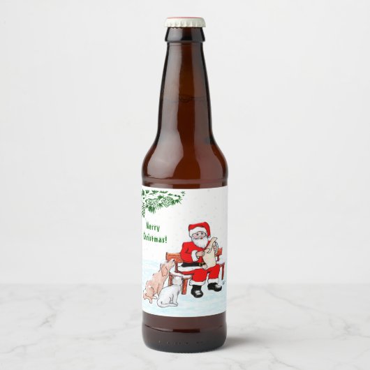 Étiquette Pour Bouteilles De Bière Joyeux Noël! Père Noël avec chat et chien (Devant)