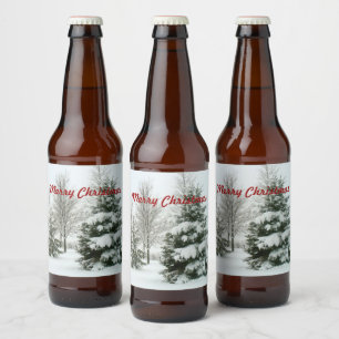 Étiquette Pour Bouteilles De Bière Joyeux Noël, sapins enneigés