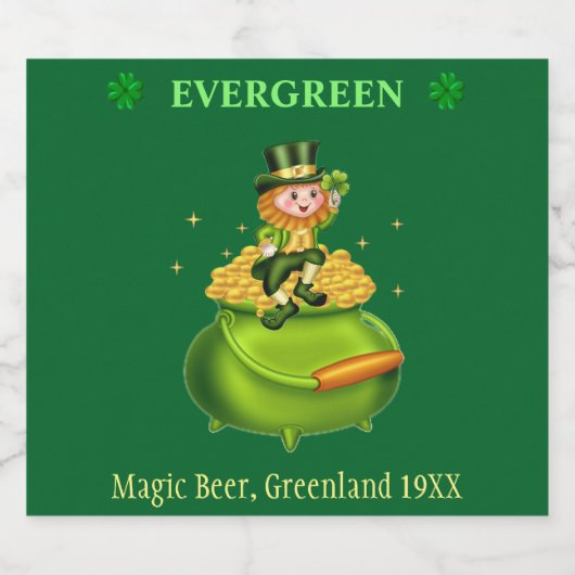 Étiquette Pour Bouteilles De Bière Leprechaun magique & pot d'or sur vert (Étiquettes simples)