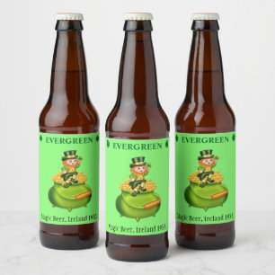 Étiquette Pour Bouteilles De Bière Leprechaun magique & pot d'or sur vert néo menthe