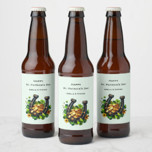 Étiquette Pour Bouteilles De Bière Lucky Horseshoe et Gold Coins St. Patrick's Day