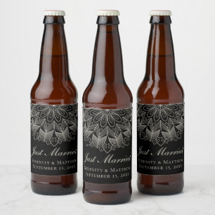 Étiquette Pour Bouteilles De Bière Mandala Indien Boho Noir Mariage Tout Juste Mariés