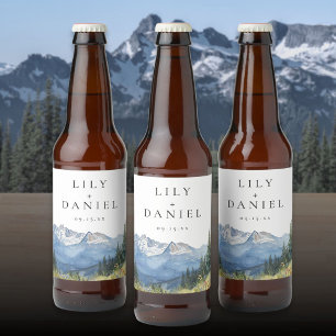 Étiquette Pour Bouteilles De Bière Mariage de montagnes aux fleurs sauvages à l'aquar