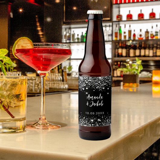 Étiquette Pour Bouteilles De Bière Mariage de parties scintillant en argent noir