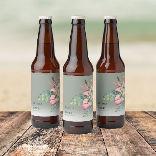 Étiquette Pour Bouteilles De Bière Mariage de plage de fleurs tropicales