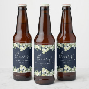 Étiquette Pour Bouteilles De Bière Mariage d'hiver bleu marine foncé Snowberry+Eucaly