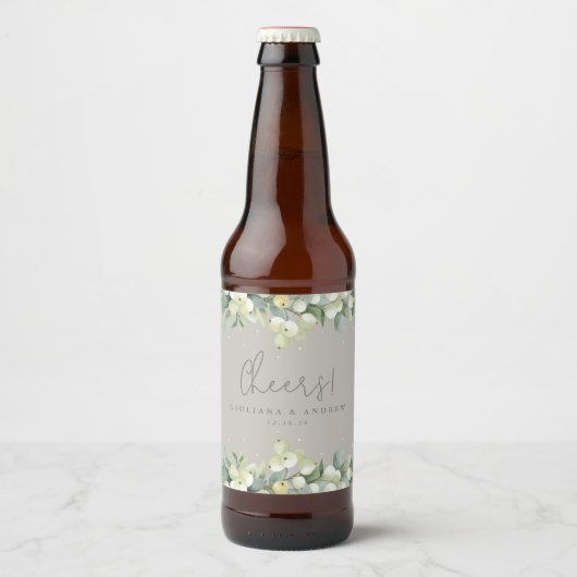 Étiquette Pour Bouteilles De Bière Mariage d'hiver Greige Snowberry+Eucalyptus (Devant)