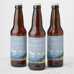 Étiquette Pour Bouteilles De Bière Mariage Fleur sauvage Dusty Blue Watercolor Mounta