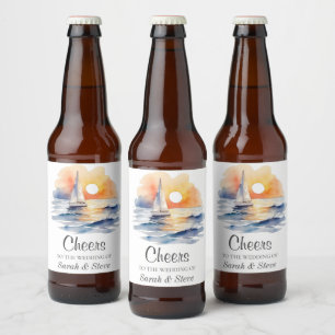 Étiquette Pour Bouteilles De Bière Mariage marin de l'aquarelle Sunset Seascape