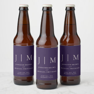 Étiquette Pour Bouteilles De Bière Mariage Monogramme Félicitations Violet de Minuit