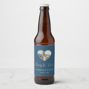 Étiquette Pour Bouteilles De Bière Mariage personnalisé Gold & Blue Polka Dot