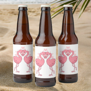 Étiquette Pour Bouteilles De Bière Mariage tropical de flamants roses sur la plage