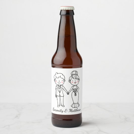 Étiquette Pour Bouteilles De Bière Mariée Groom Cartoon Mariage Blanc Noir Fantaisie (Devant)