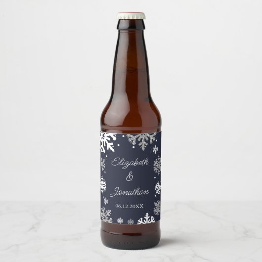 Étiquette Pour Bouteilles De Bière Marine Blue Snowflakes Mariage d'hiver (Devant)