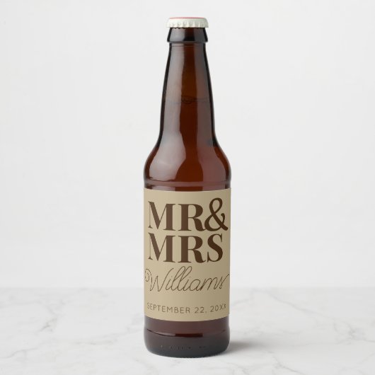 Étiquette Pour Bouteilles De Bière Modèle Mariage Faveur M & Mme Nom Rustique Moderne (Devant)