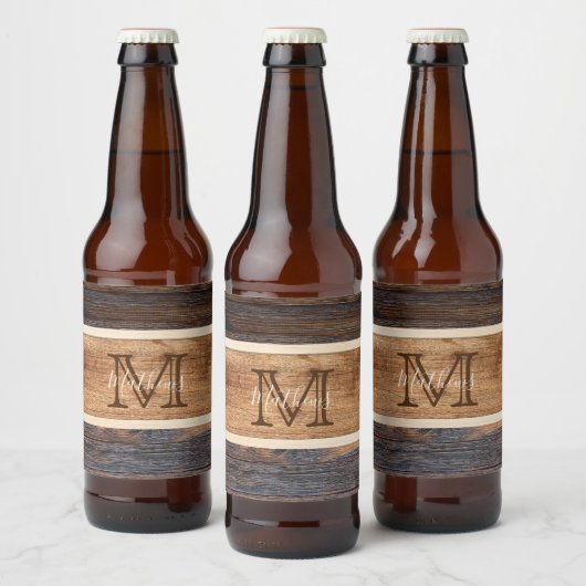 Étiquette Pour Bouteilles De Bière Monogramme à bande de ton en bois rustique (Bouteilles)