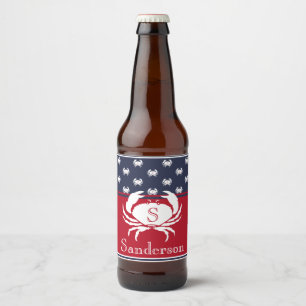 Étiquette Pour Bouteilles De Bière Monogramme Rouge Blanc Marine Bleu Crabe Nautique