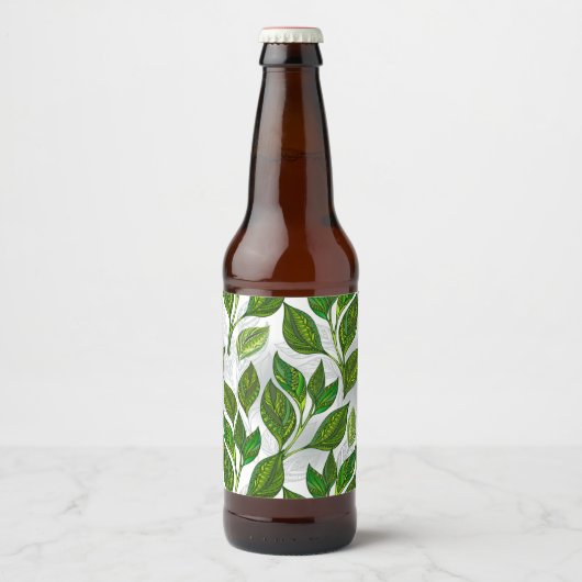 Étiquette Pour Bouteilles De Bière Motif sans couture avec Feuilles de thé vert (Devant)