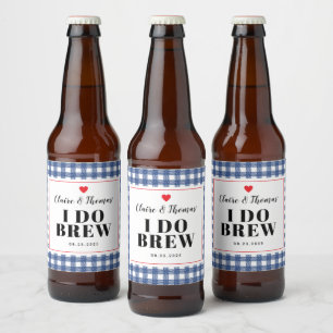 Étiquette Pour Bouteilles De Bière Navy Blue et Blanc Gingham I Do Brew Mariage