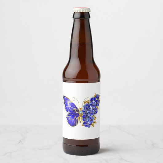 Étiquette Pour Bouteilles De Bière Papillon saphir à fleurs (Devant)