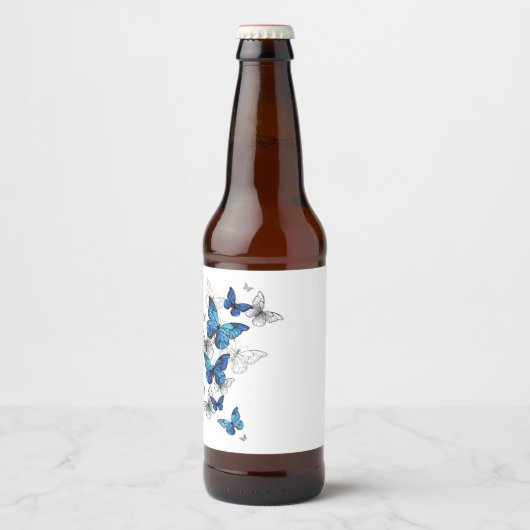 Étiquette Pour Bouteilles De Bière Papillons volants bleus Morpho (Devant)