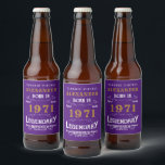 Étiquette Pour Bouteilles De Bière Personalize 50th Birthday Born 1971 Vintage Purple<br><div class="desc">A personalized classic beer bottle label design for that birthday celebration for somebody born in 1971 and turning 50. Add the name to this vintage retro style purple, white and gold design for a custom 50 birthday gift. Easily edit the name and year with the template provided. A wonderful custom...</div>