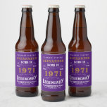 Étiquette Pour Bouteilles De Bière Personalize 50th Birthday Born 1971 Vintage Purple<br><div class="desc">A personalized classic beer bottle label design for that birthday celebration for somebody born in 1971 and turning 50. Add the name to this vintage retro style purple, white and gold design for a custom 50 birthday gift. Easily edit the name and year with the template provided. A wonderful custom...</div>