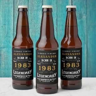 Étiquette Pour Bouteilles De Bière Personnalisé 40e anniversaire Né 1983 Noir Vintage