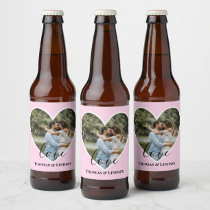 Étiquette Pour Bouteilles De Bière Photo personnalisée Cadre Coeur Rose Calligraphie