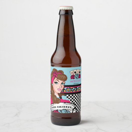 Étiquette Pour Bouteilles De Bière Pin-up Girl, À damiers & Leopard (Devant)
