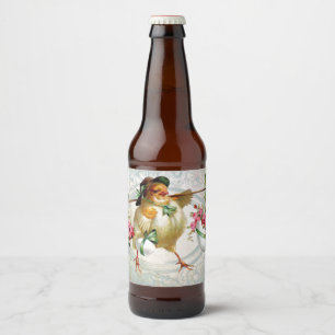Étiquette Pour Bouteilles De Bière Poussin de Pâques livrant des fleurs