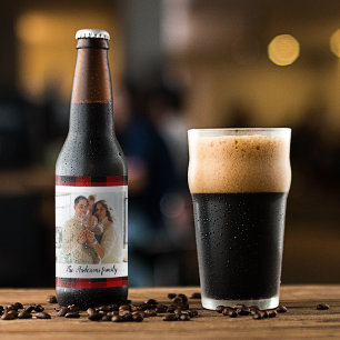 Étiquette Pour Bouteilles De Bière Red Buffalo Plaid & Nom Personnel Et Photo