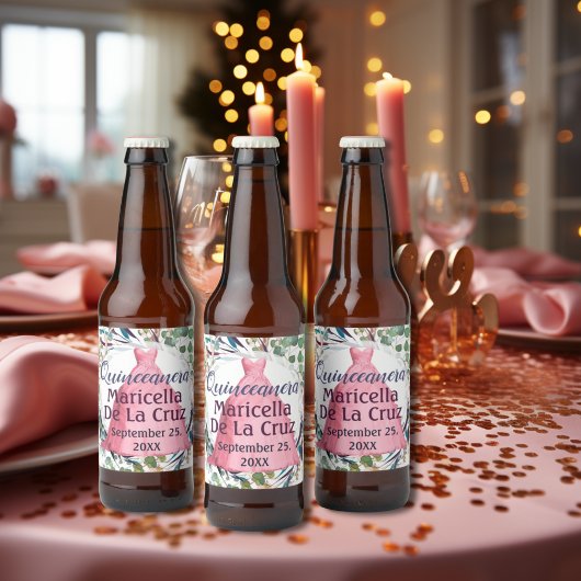 Étiquette Pour Bouteilles De Bière Robe rose Quinceanera