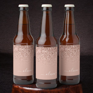 Étiquette Pour Bouteilles De Bière Rose Gold Blush Pink Parties scintillant Script Mo