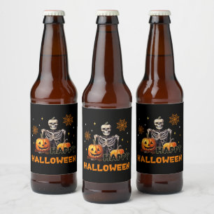 Étiquette Pour Bouteilles De Bière Squelette avec citrouille