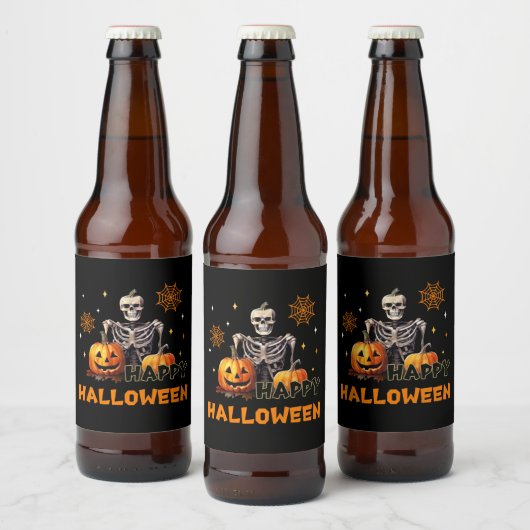 Étiquette Pour Bouteilles De Bière Squelette avec citrouille (Bouteilles)