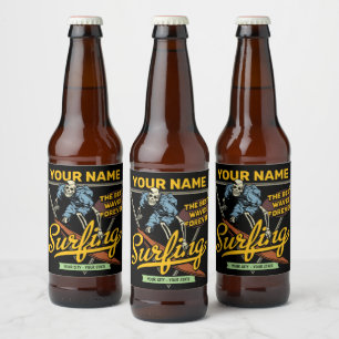 Étiquette Pour Bouteilles De Bière Squelette de surf personnalisé surfe sur les vague