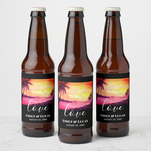 Étiquette Pour Bouteilles De Bière Thème mariage Plage tropicale Coucher de soleil Co (Bouteilles)
