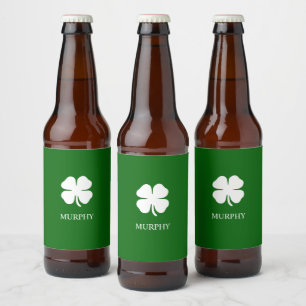 Étiquette Pour Bouteilles De Bière Trèfle irlandais vert personnalisé à quatre feuill