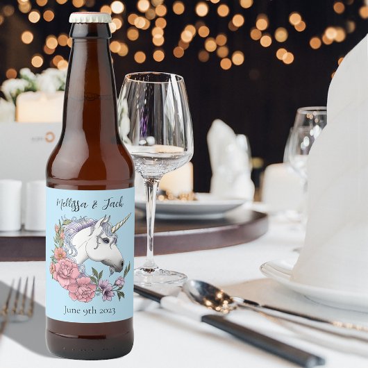 Étiquette Pour Bouteilles De Bière Unicorne blanche Fleurs roses Mariage bleu