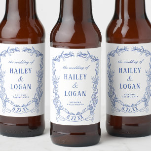 Étiquette Pour Bouteilles De Bière Vintage Cadre Floral Bleu Mariage élégant