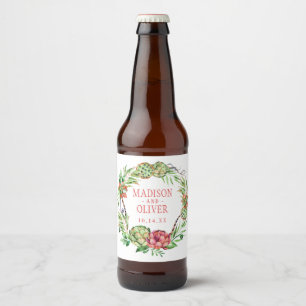 Étiquette Pour Bouteilles De Bière Vintage Floral Vert & Rose Succulent MARIAGE