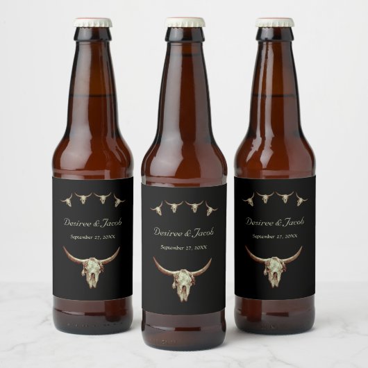 Étiquette Pour Bouteilles De Bière Western Rustic Black Mariage Bull Crâne de vache (Bouteilles)