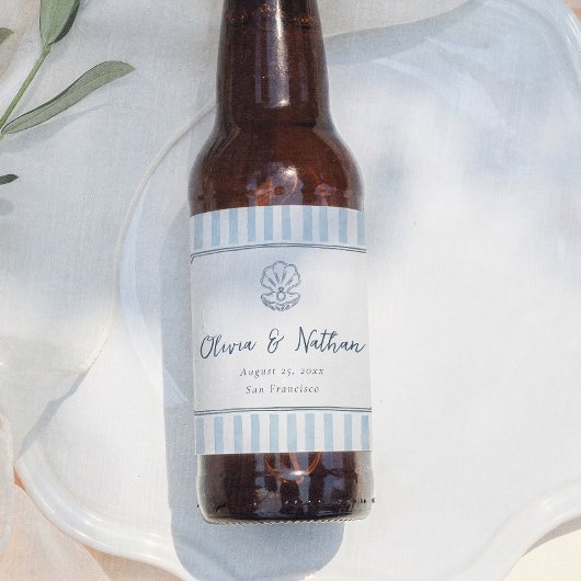 Étiquette Pour Bouteilles De Bière Whimsical Minimal Retro Blue Stripes Wedding